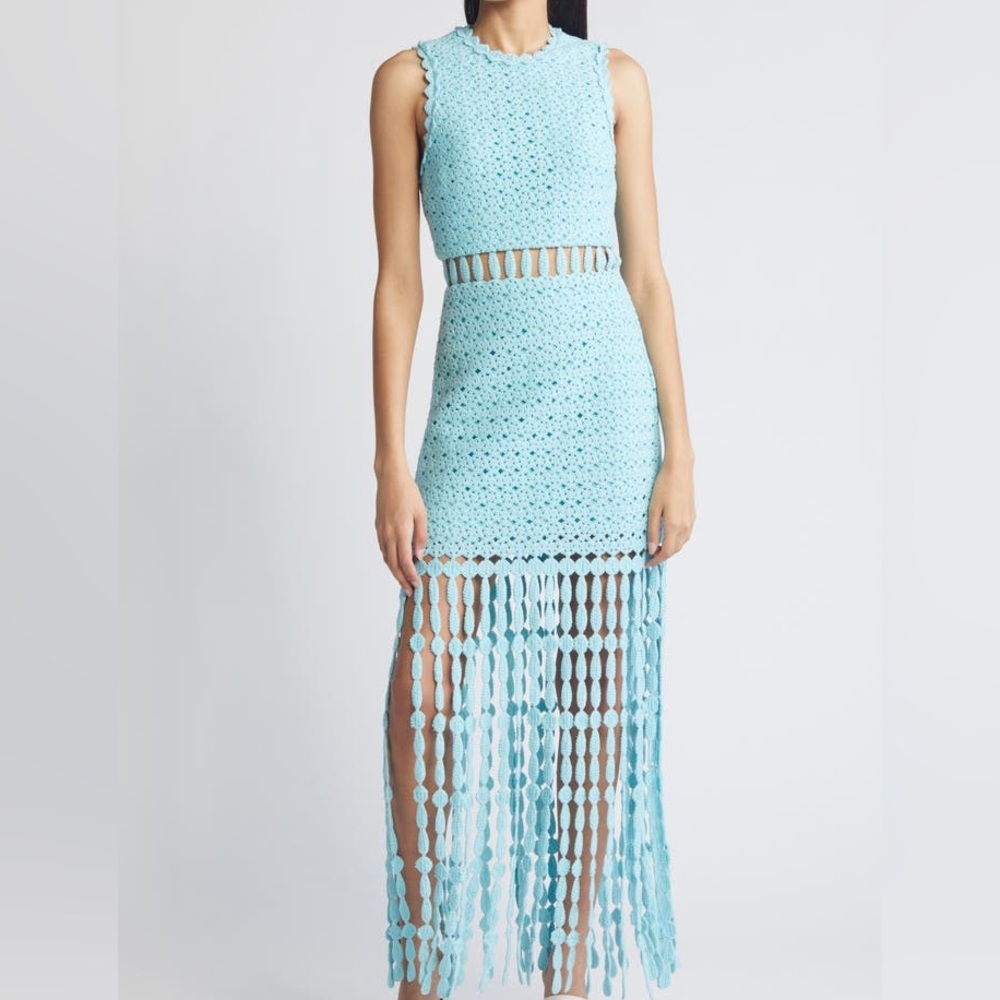 Revolve Dress Open Stitch Fringe Trim Cotton Dress